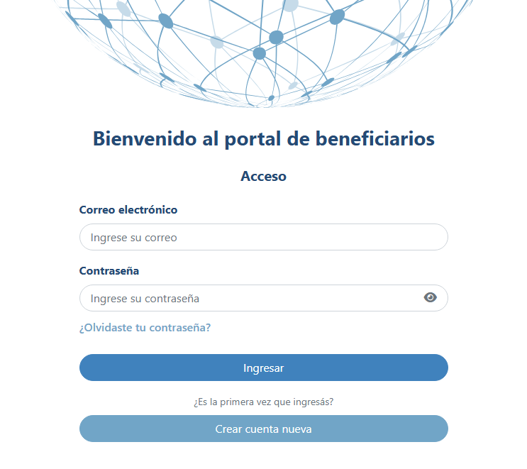 Pantalla de acceso al Portal de Beneficiarios con el botón Ingresar y la opción Crear cuenta nueva